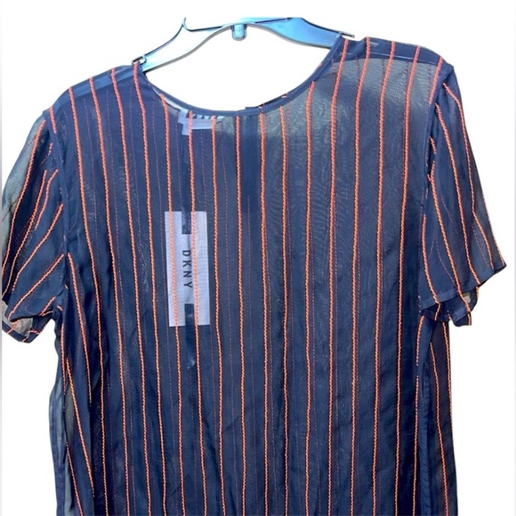 DKNY CHIFFON STRIPED BLOUSE WOMENS SHORT SLEVEE BLACK/ORANGE ROUND NECK SZ LARGE - Picture 12 of 14